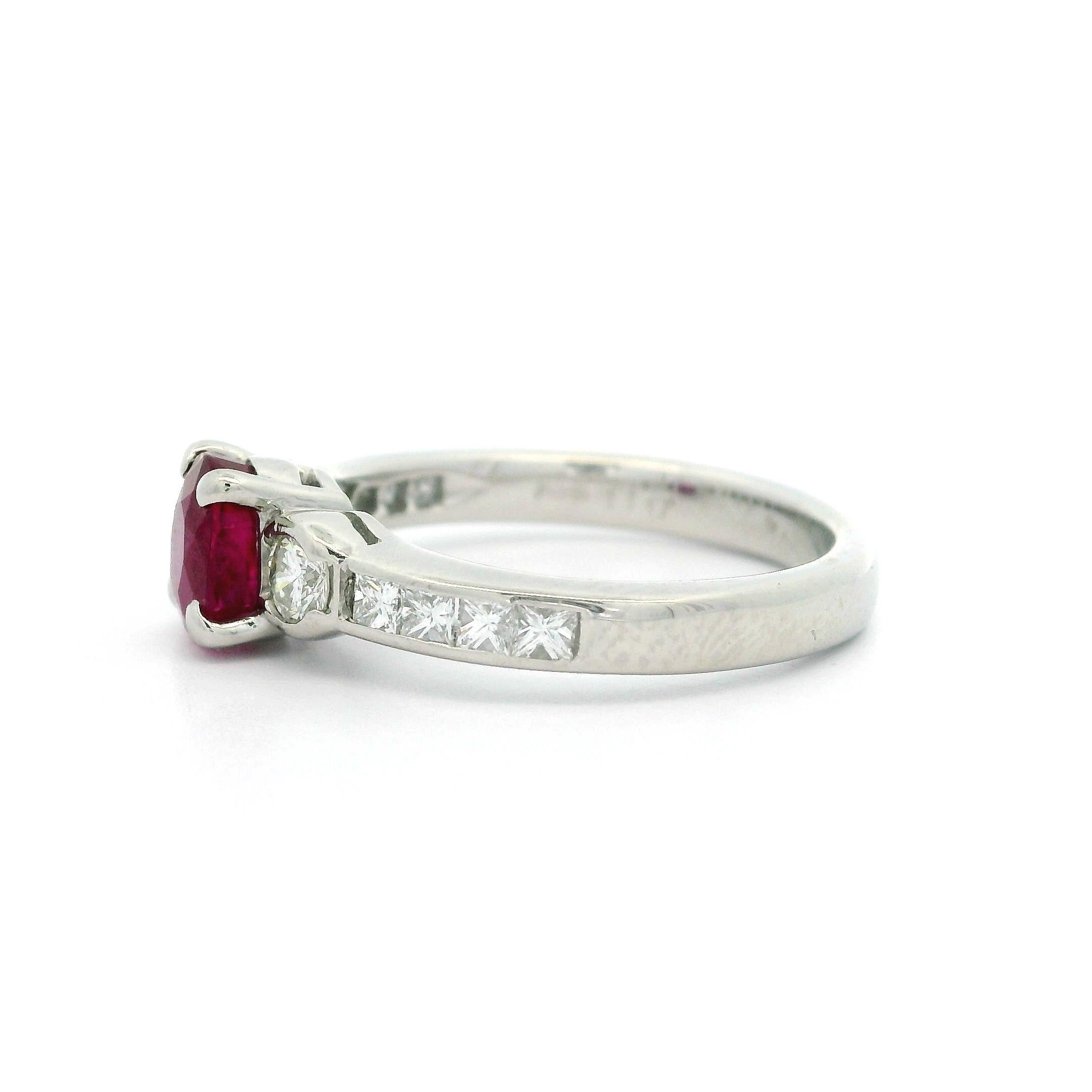 -- Stone(s) --
(1) Natural Genuine Ruby - Oval Cut - Prong Set - Rich Deep Red Color - 6x4.9mm - 1.17ct (exact)
(10) Natural Genuine Diamonds - Round Brilliant & Princess Cut - Channel Set - G/H Color - VS1/VS2 Clarity - 0.43ctw (exact)
Total Carat