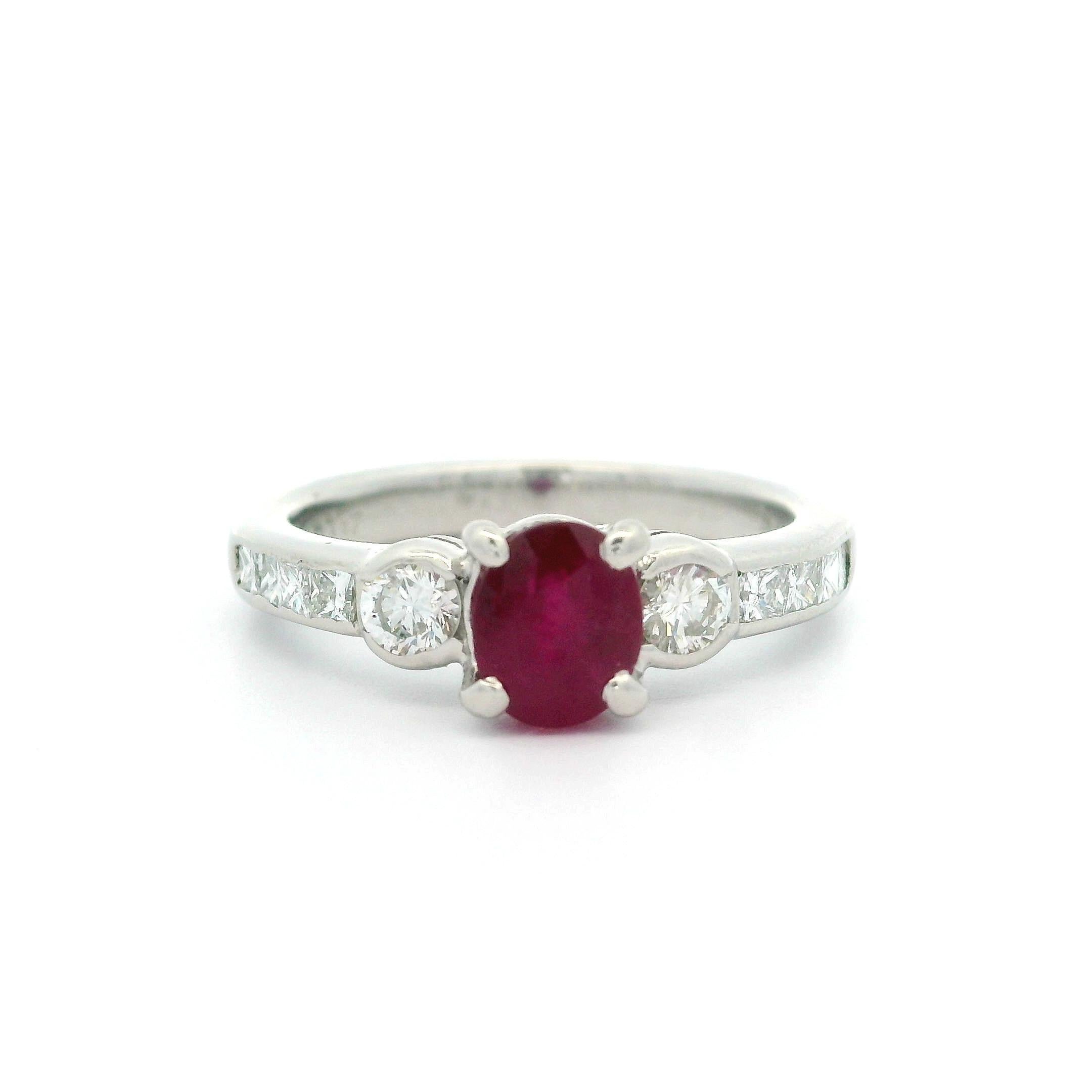 Women's Platinum 1.6ctw Oval Ruby w/ Round & Princess Cut Diamond Sides Well Made Ring