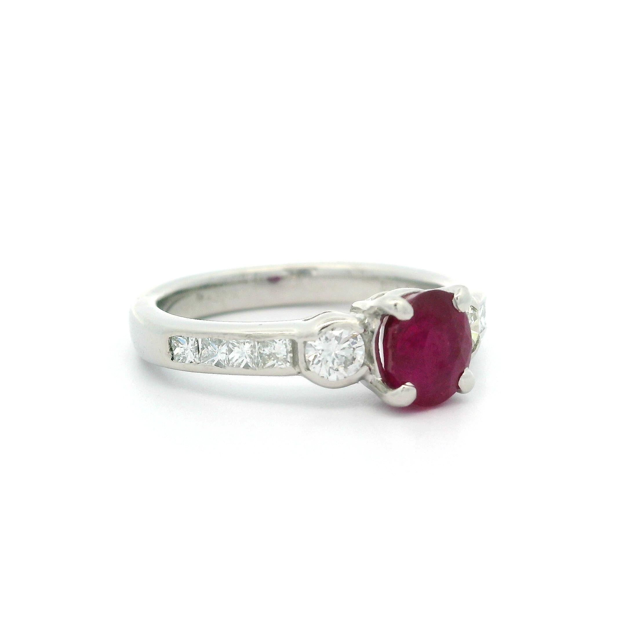 Platinum 1.6ctw Oval Ruby w/ Round & Princess Cut Diamond Sides Well Made Ring 1
