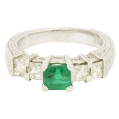 Platinum 1.70 Carat Emerald and Solitaire Diamond Ring