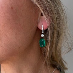 Platinum Cushion Cut Emeralds and Diamonds Drop Earrings GIA Cert