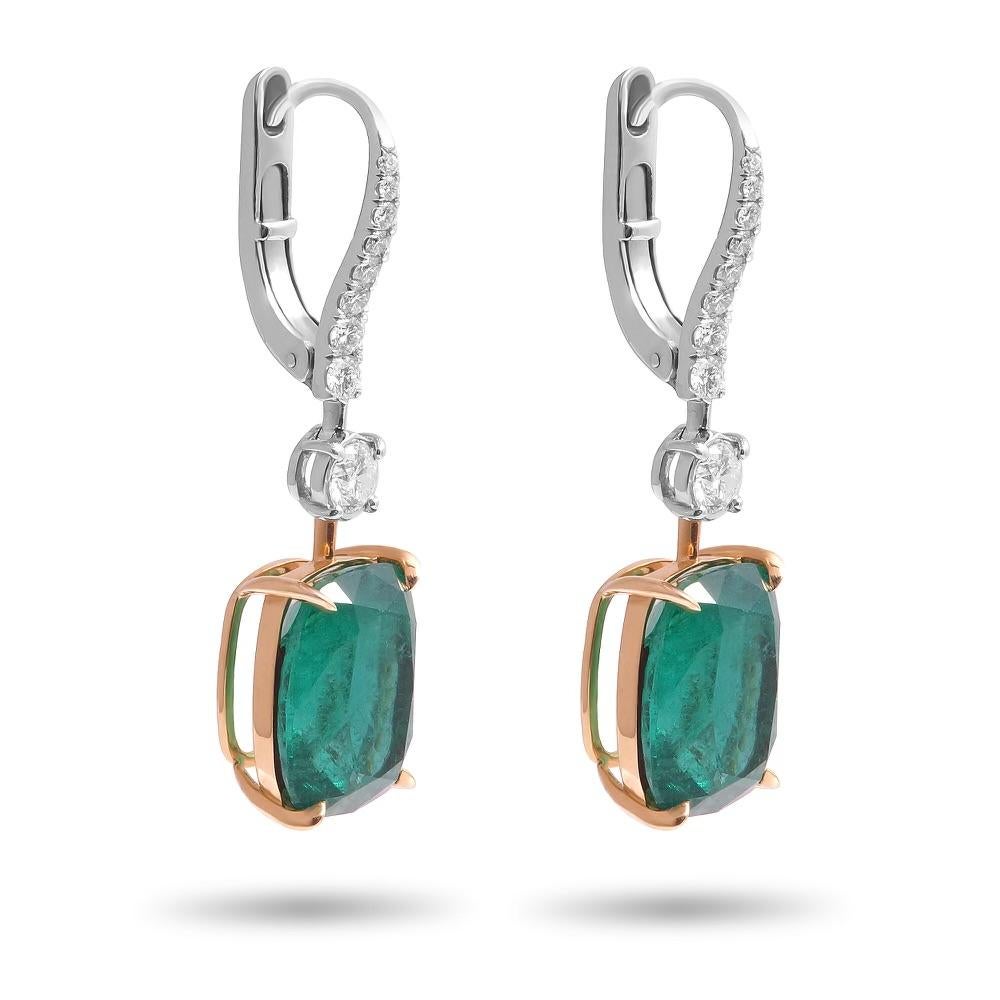 Contemporary Platinum Cushion Cut Emeralds and Diamonds Drop Earrings GIA Cert For Sale
