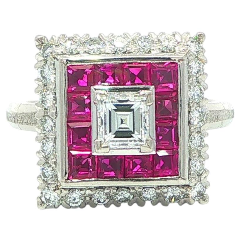Platinum 1.71ctw Channel Step Cut Ruby w/ Diamond Square Tiered Pyramid Ring For Sale