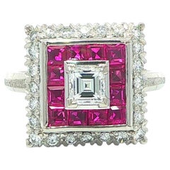 Platinum 1.71ctw Channel Step Cut Ruby w/ Diamond Square Tiered Pyramid Ring