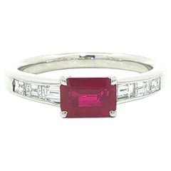 Platinum 1.71ctw GIA Emerald Cut Burma Vivid Red Ruby w/ Baguette Diamond Ring