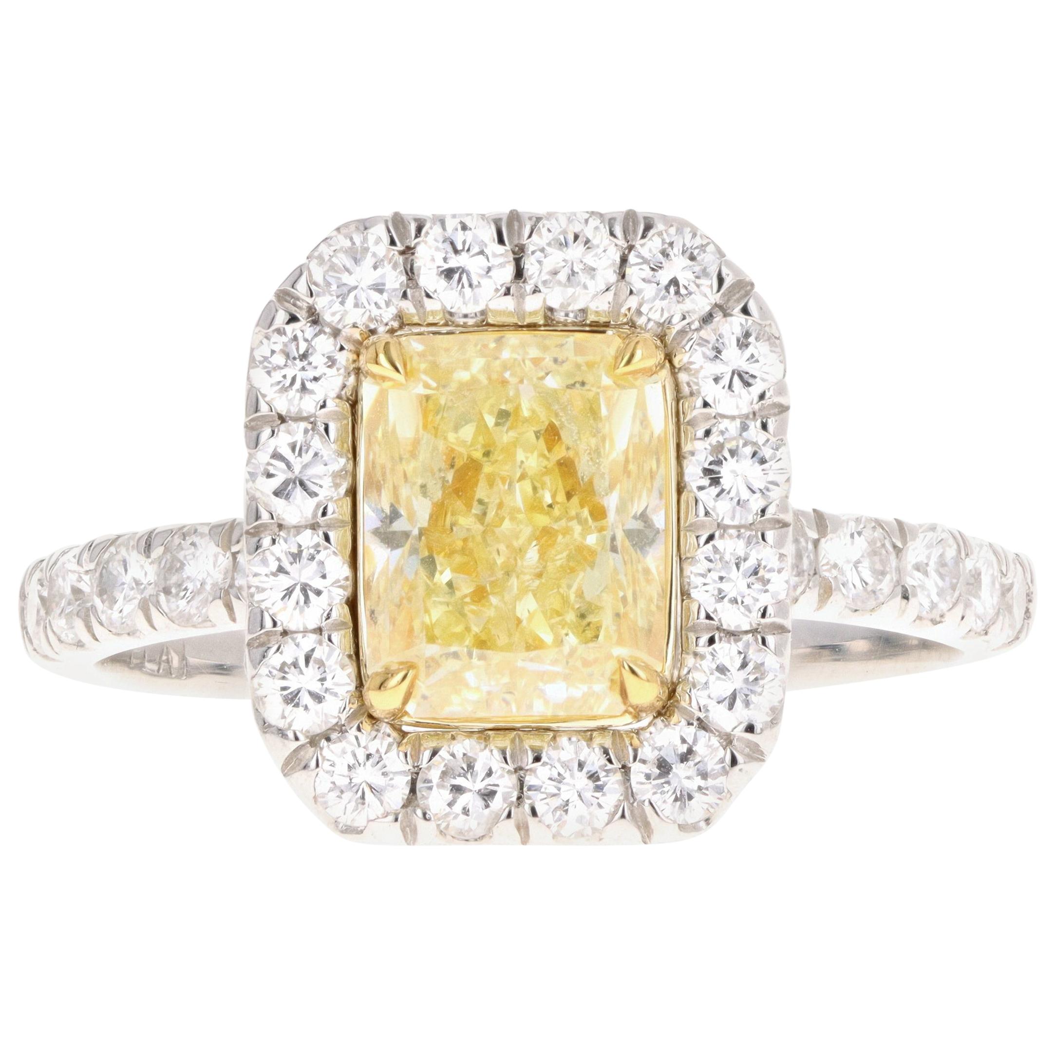 Platinum 1.73 Carat Fancy Yellow Radiant Cut Diamond Ring