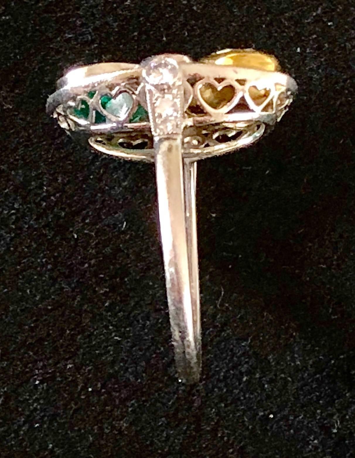  1.75 Carat Fancy Yellow Diamond and Emerald Hearts Platinum Ring In Excellent Condition For Sale In Calabasas, CA