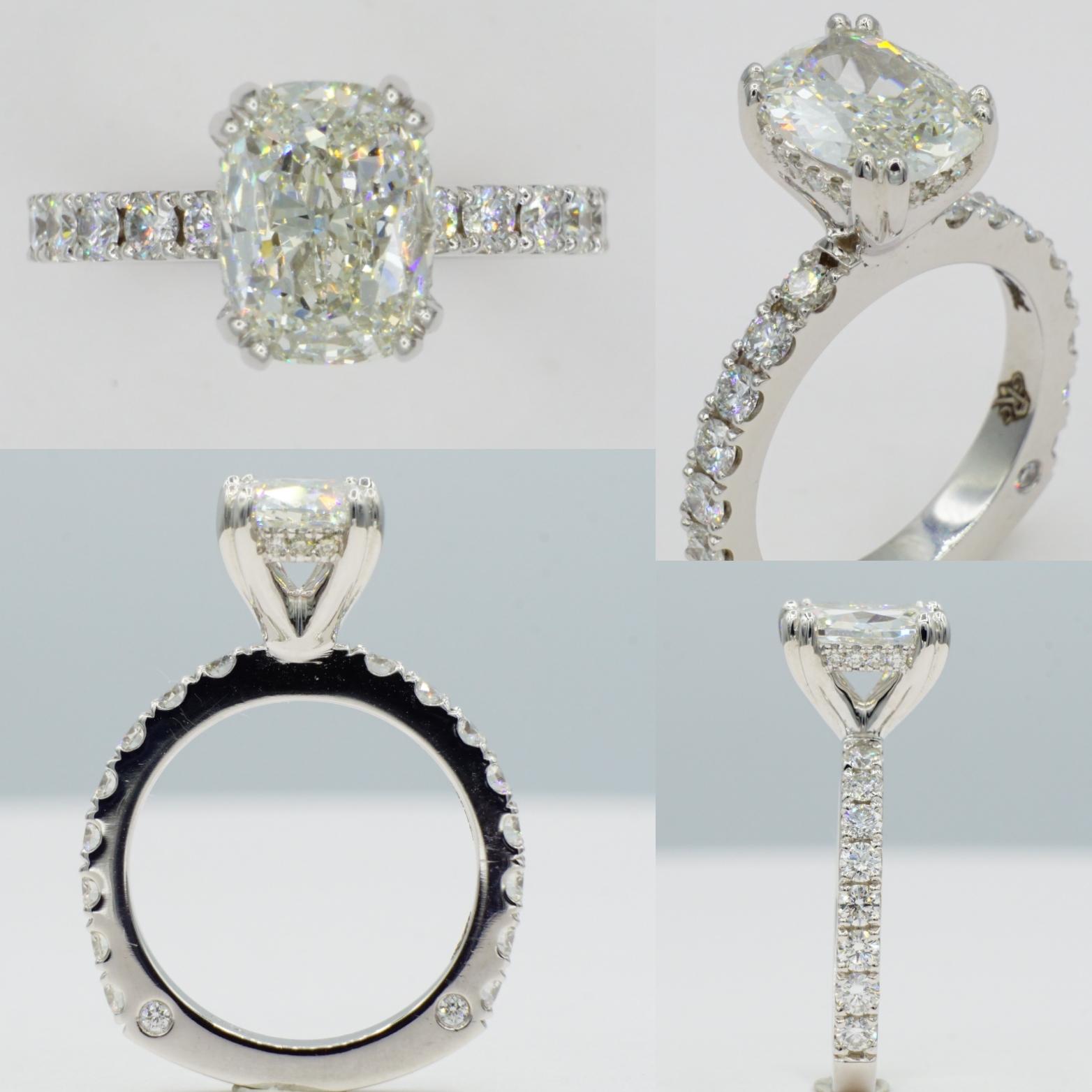 Superbe bague de fiançailles en platine 950-ruthénium fabriquée sur mesure, ornée d'un diamant taille coussin de 1,75 ct certifié par le GIA, serti dans une monture extraordinaire avec des griffes fendues et un halo de diamants cachés. Le diamant