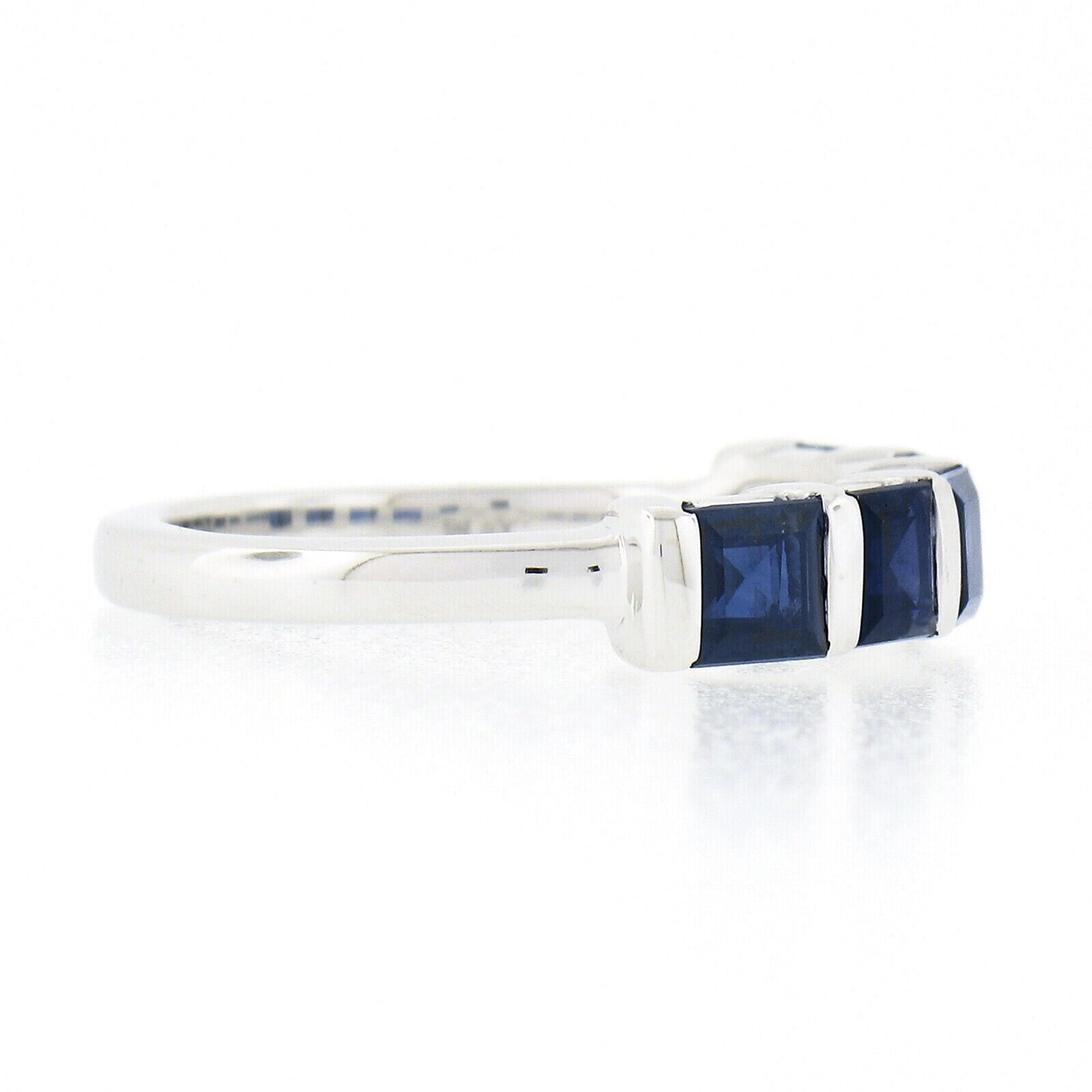 Platinum 1.75ctw Square Step Cut Blue Sapphire Bar Channel Set 5 Stone Band Ring In Excellent Condition For Sale In Montclair, NJ