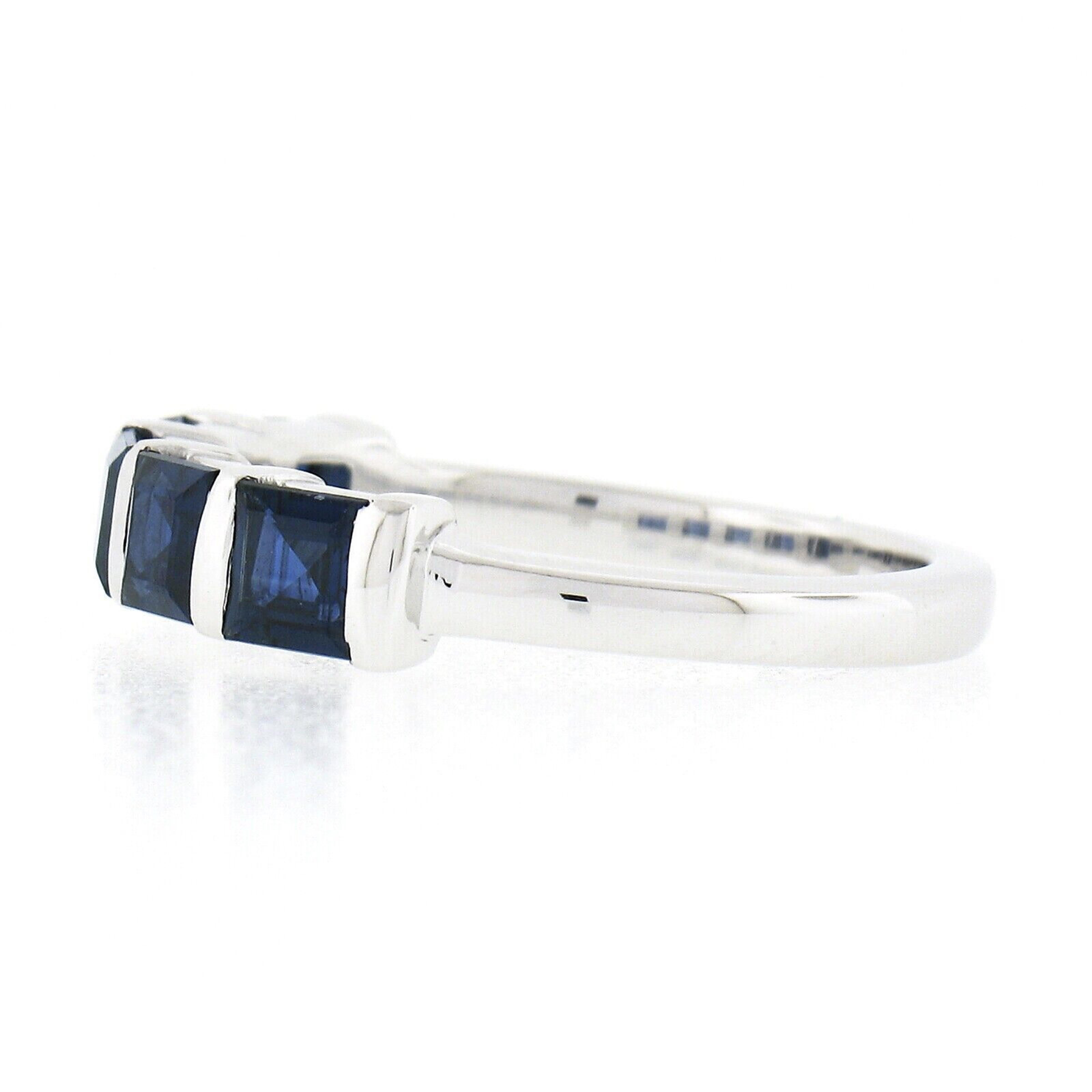 Women's or Men's Platinum 1.75ctw Square Step Cut Blue Sapphire Bar Channel Set 5 Stone Band Ring For Sale