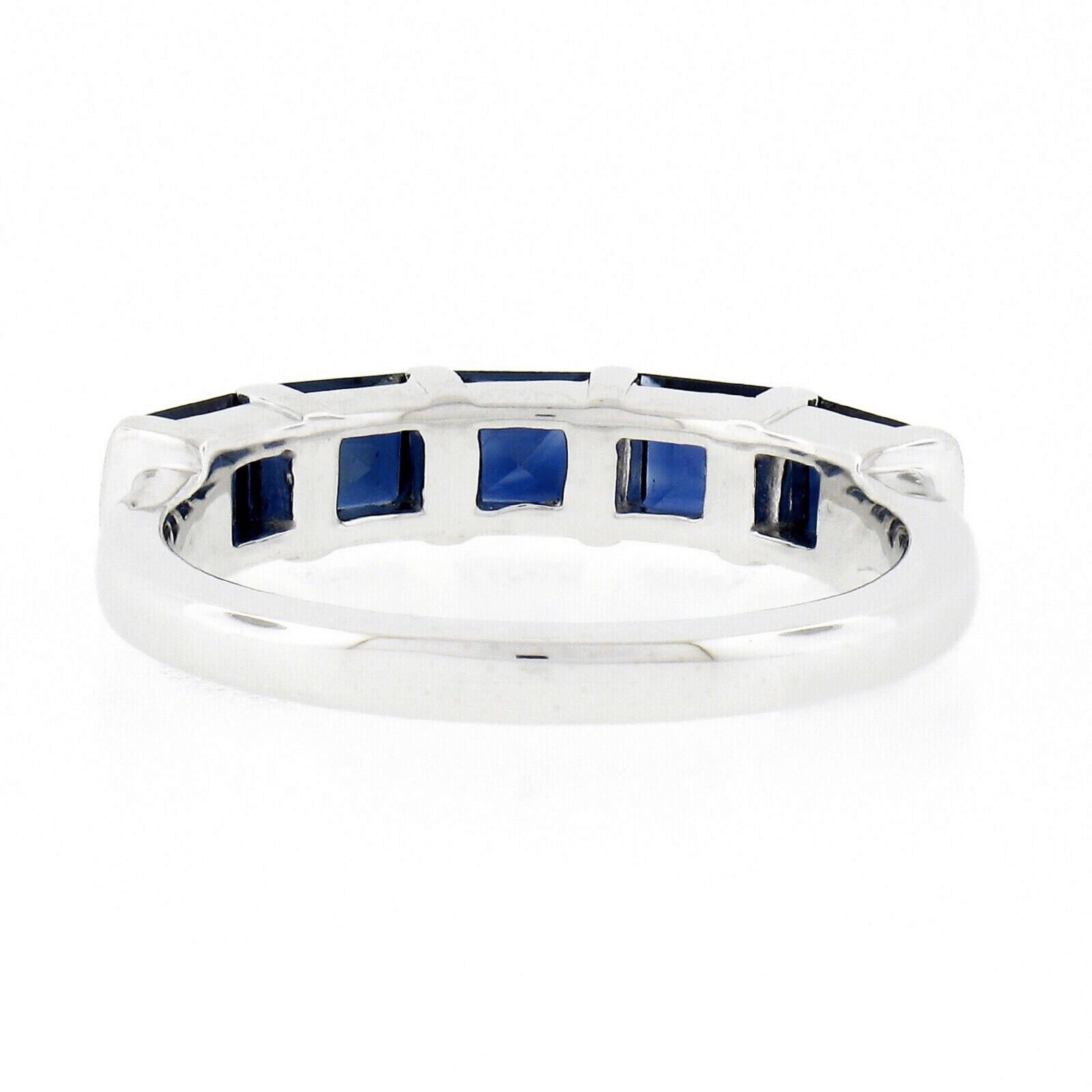 Platinum 1.75ctw Square Step Cut Blue Sapphire Bar Channel Set 5 Stone Band Ring For Sale 1