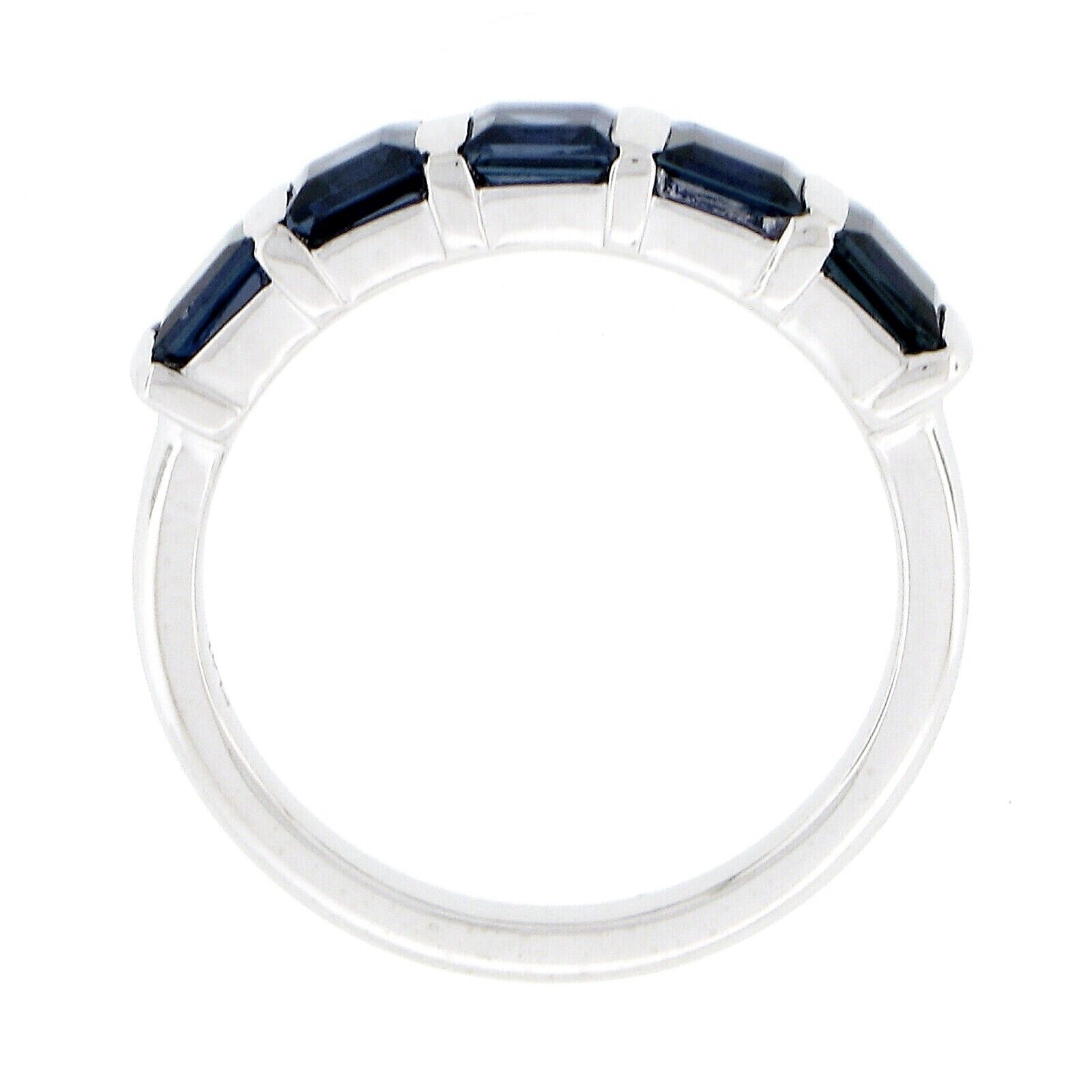 Platinum 1.75ctw Square Step Cut Blue Sapphire Bar Channel Set 5 Stone Band Ring For Sale 2