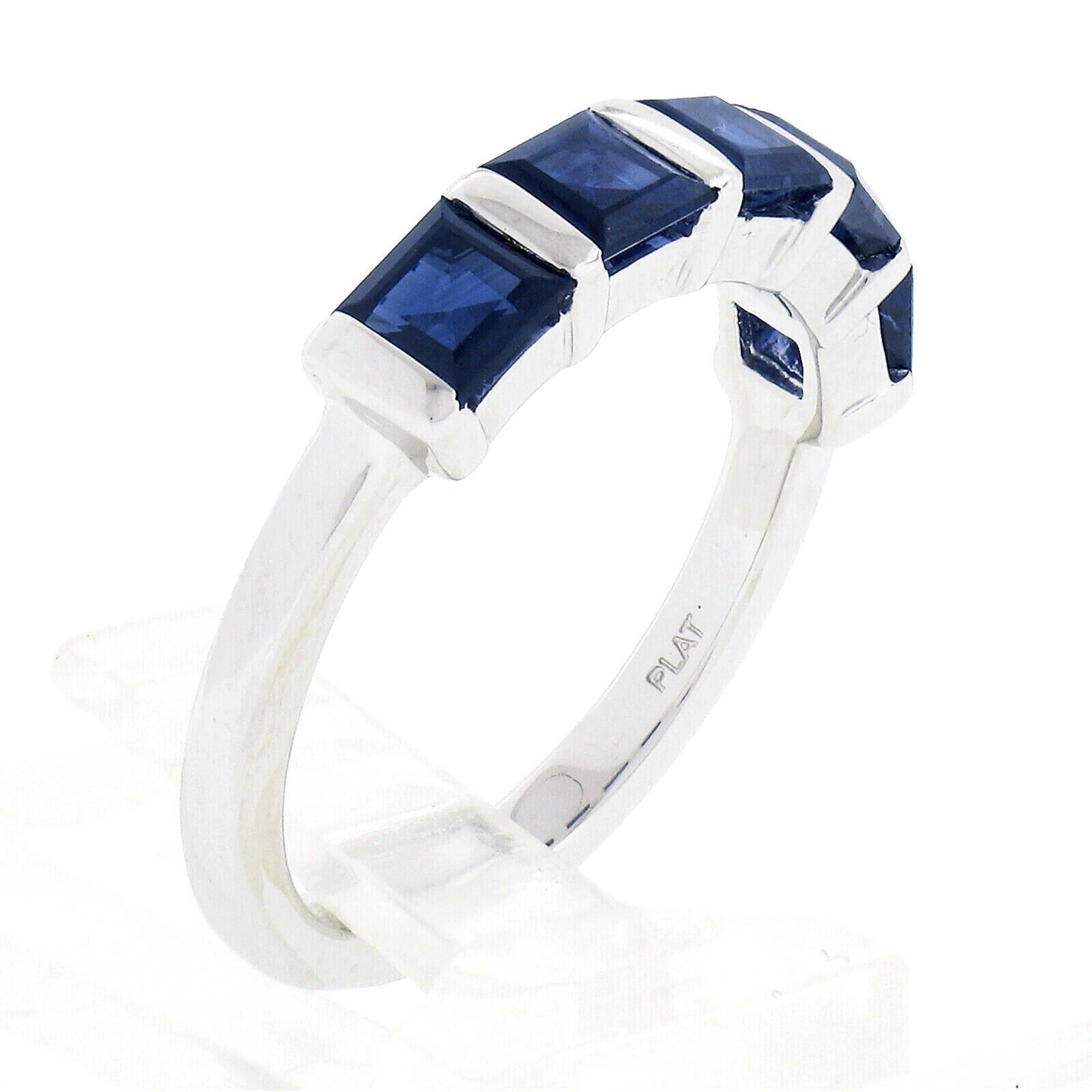 Platinum 1.75ctw Square Step Cut Blue Sapphire Bar Channel Set 5 Stone Band Ring For Sale 3