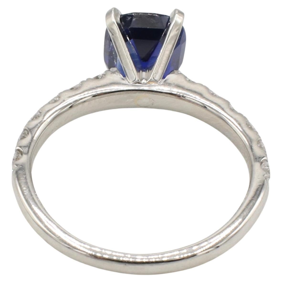 Cushion Cut Platinum 1.76 Carat Natural Blue Sapphire & Diamond Accented Engagement Ring  For Sale
