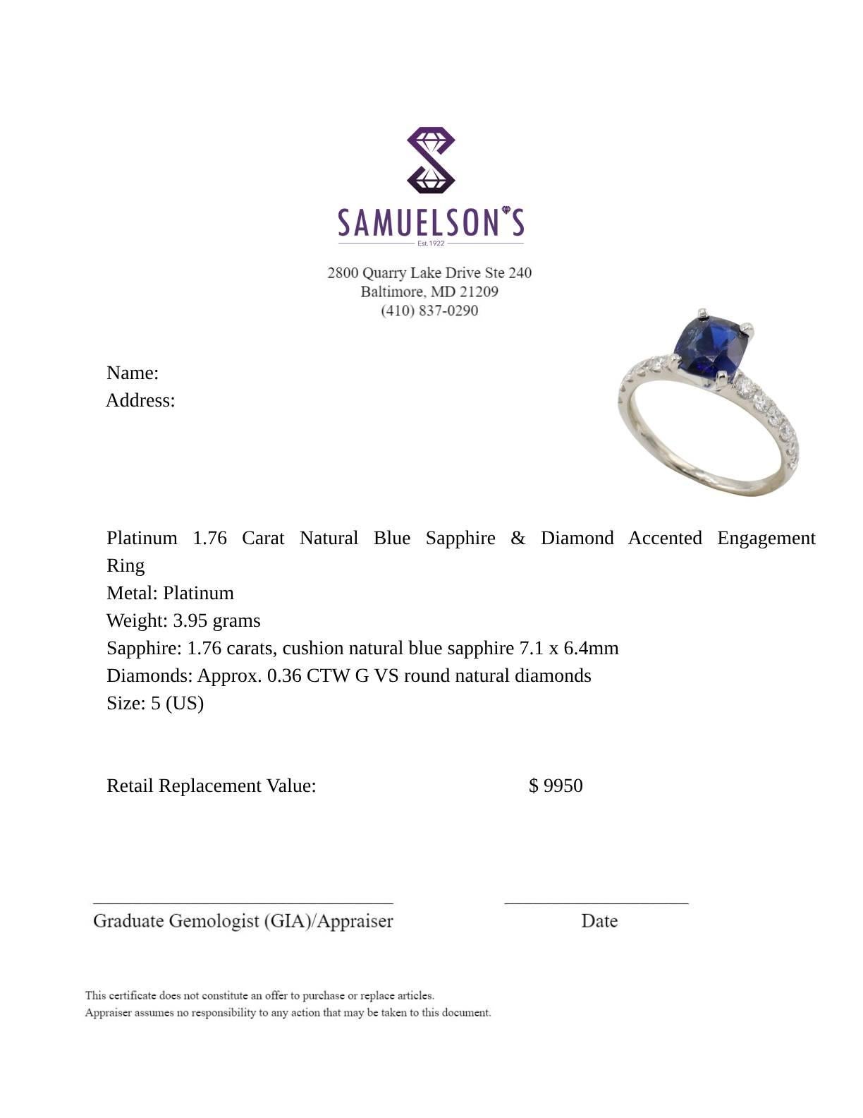 Women's Platinum 1.76 Carat Natural Blue Sapphire & Diamond Accented Engagement Ring  For Sale