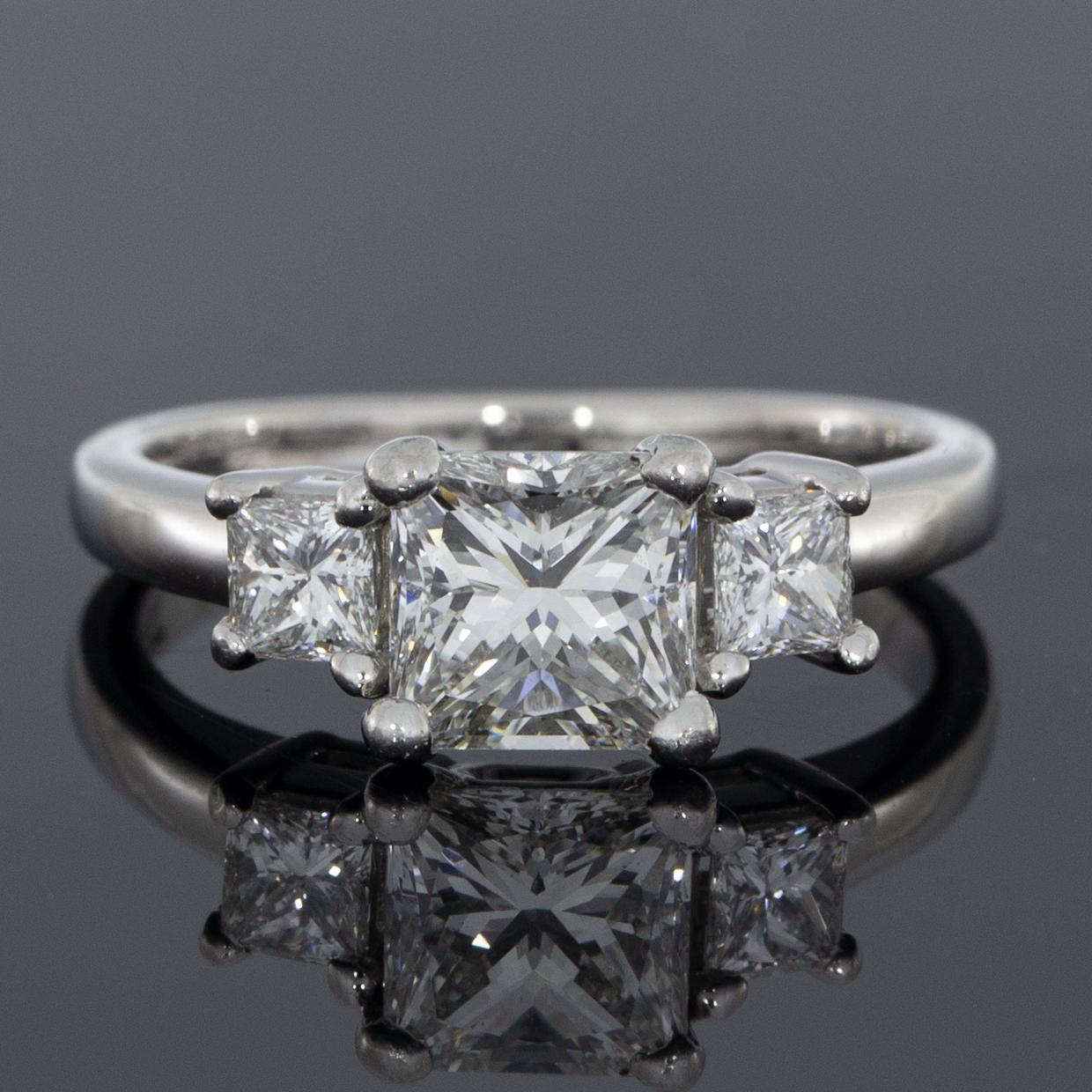 Platinum 1.77 Carat Princess Diamond Three-Stone Engagement Ring In Excellent Condition In Columbia, MO