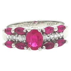 Platinum 1.79ctw Marquise & Oval Bright Ruby and Baguette Diamond Band Ring