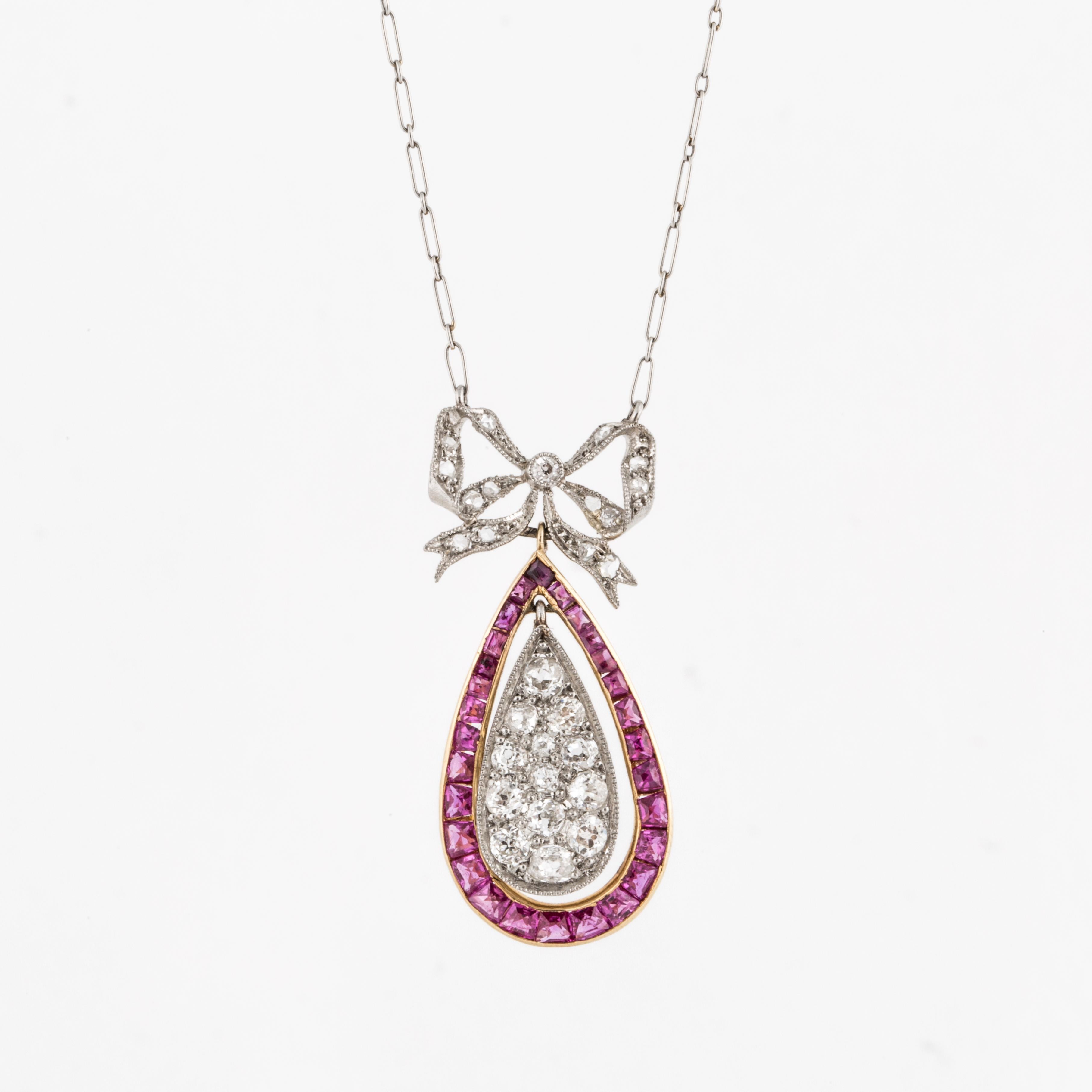 Mixed Cut Belle Époque Platinum and 18K Gold Diamond and Ruby Pendant Necklace For Sale