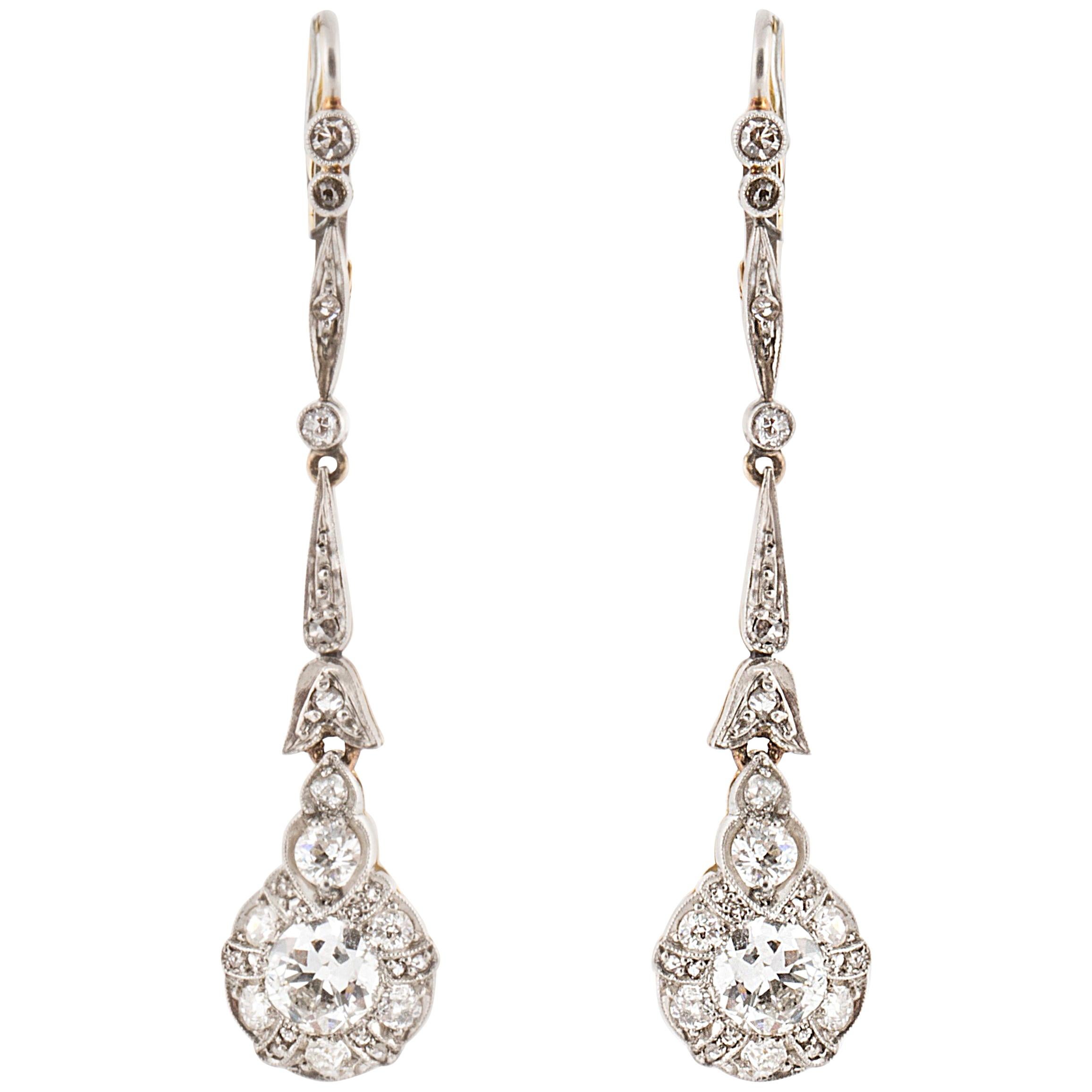 Edwardian Diamond Cluster Platinum and 18K Gold Earrings