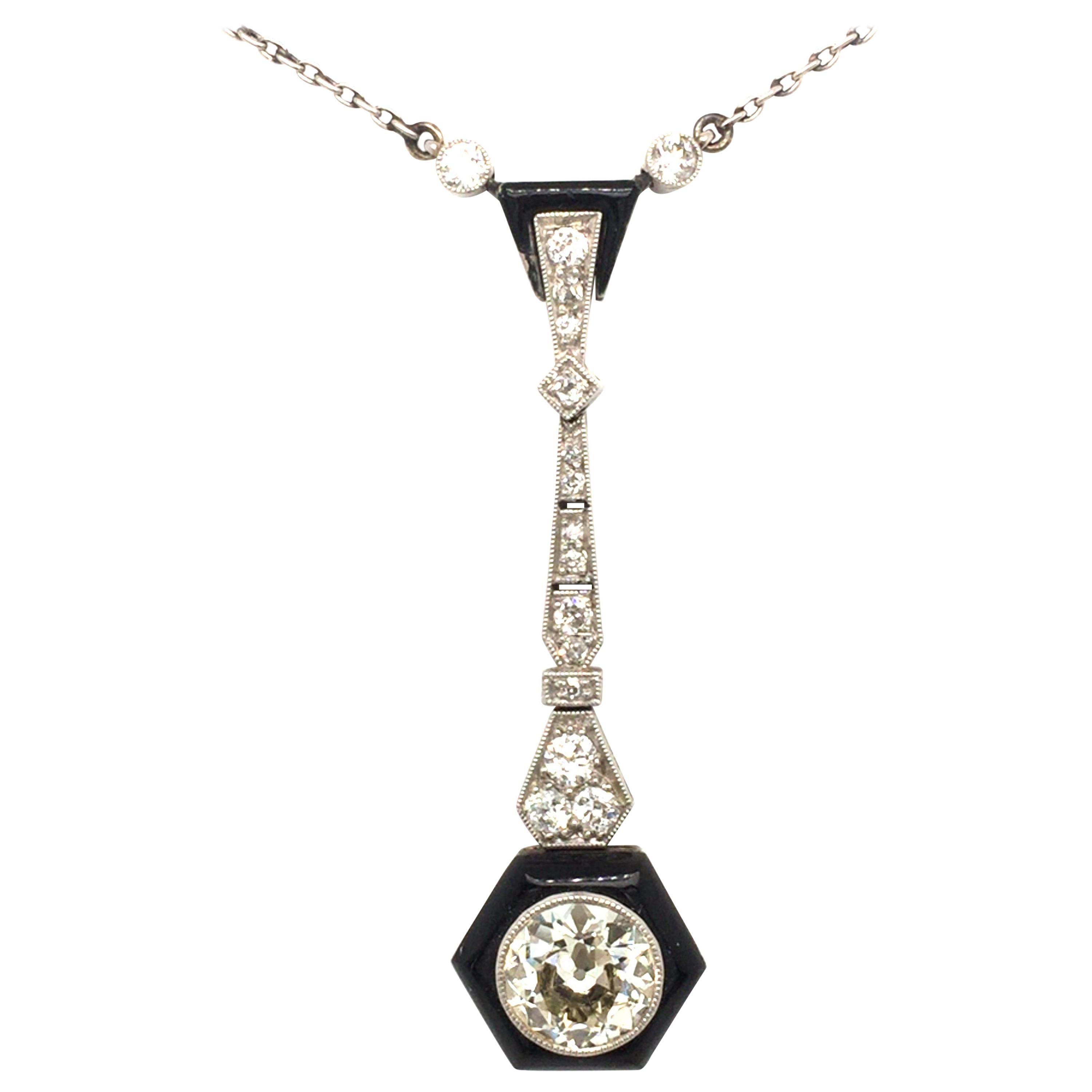 Platinum 18 Karat Gold Diamond Onyx Enamel Art Deco Pendant Necklace