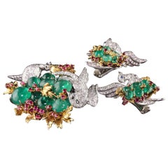 Platinum 18 Karat Gold Diamond, Ruby, and Emerald Earrings and Pin Bird Set