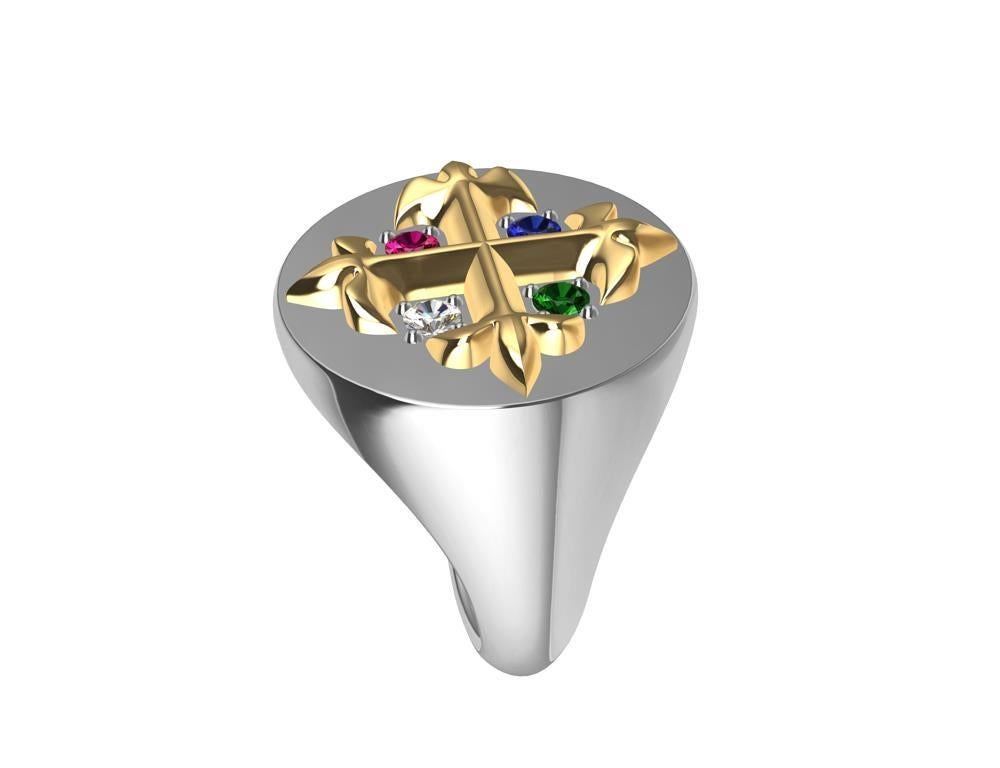 For Sale:  Platinum, 18 Karat Gold Fleur de Lis Diamond, Sapphire, Ruby Emerald Signet Ring 11