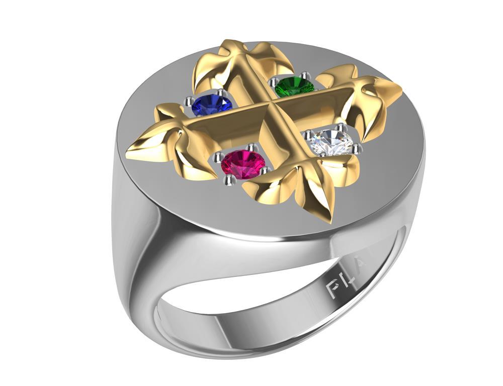 For Sale:  Platinum, 18 Karat Gold Fleur de Lis Diamond, Sapphire, Ruby Emerald Signet Ring 13