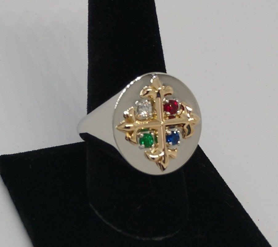 En venta: Anillo de sello de platino, oro de 18 quilates con flor de lis de diamante, zafiro y rubí esmeralda  3