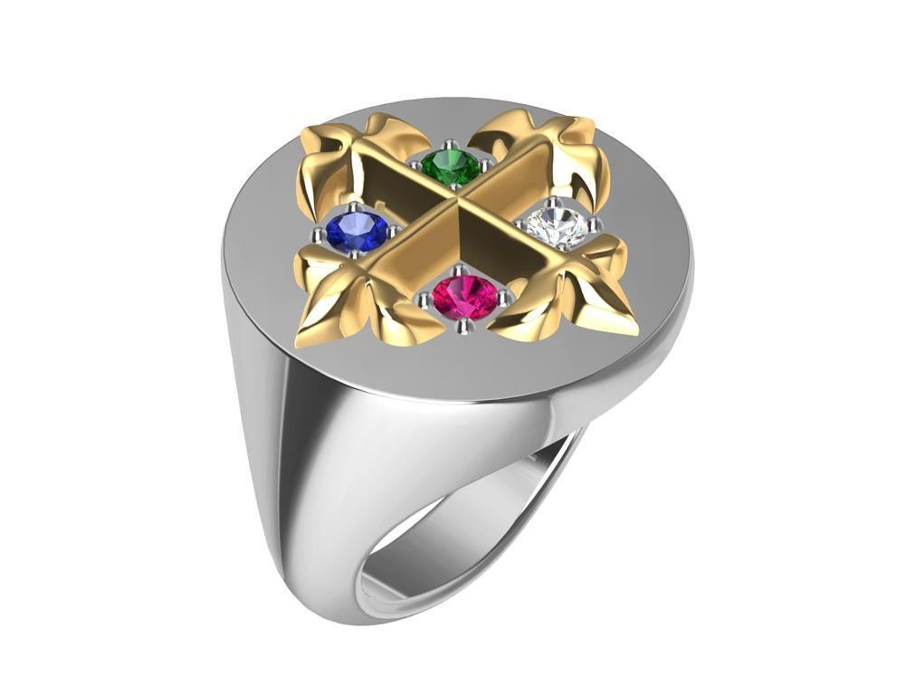 For Sale:  Platinum, 18 Karat Gold Fleur de Lis Diamond, Sapphire, Ruby Emerald Signet Ring 4