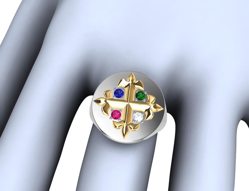 For Sale:  Platinum, 18 Karat Gold Fleur de Lis Diamond, Sapphire, Ruby Emerald Signet Ring 5