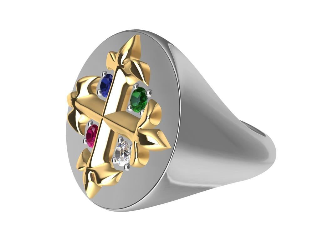 For Sale:  Platinum, 18 Karat Gold Fleur de Lis Diamond, Sapphire, Ruby Emerald Signet Ring 7