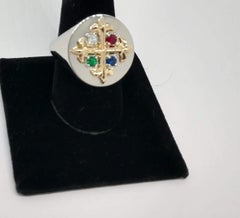 Platinum, 18 Karat Gold Fleur de Lis Diamond, Sapphire, Ruby Emerald Signet Ring