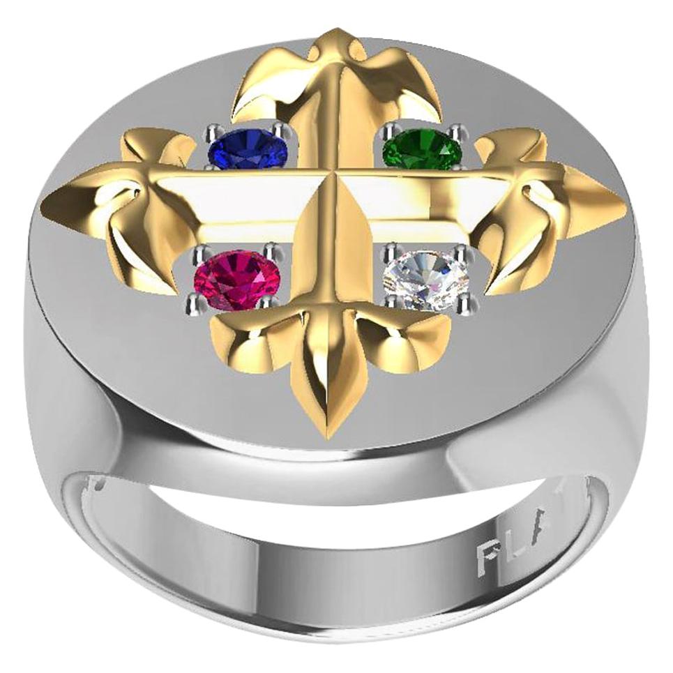 For Sale:  Platinum, 18 Karat Gold Fleur de Lis Diamond, Sapphire, Ruby Emerald Signet Ring 2
