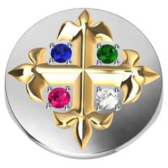 Anello in platino, oro 18 carati con diamante Fleur de Lis, zaffiro, rubino e smeraldo