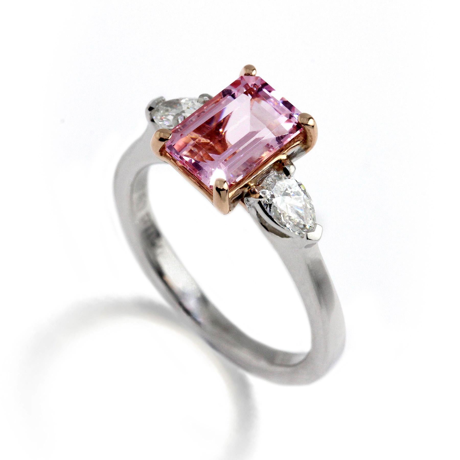 Emerald Cut Platinum 18 Karat Rose Gold Pink Tourmaline Diamond Ring For Sale