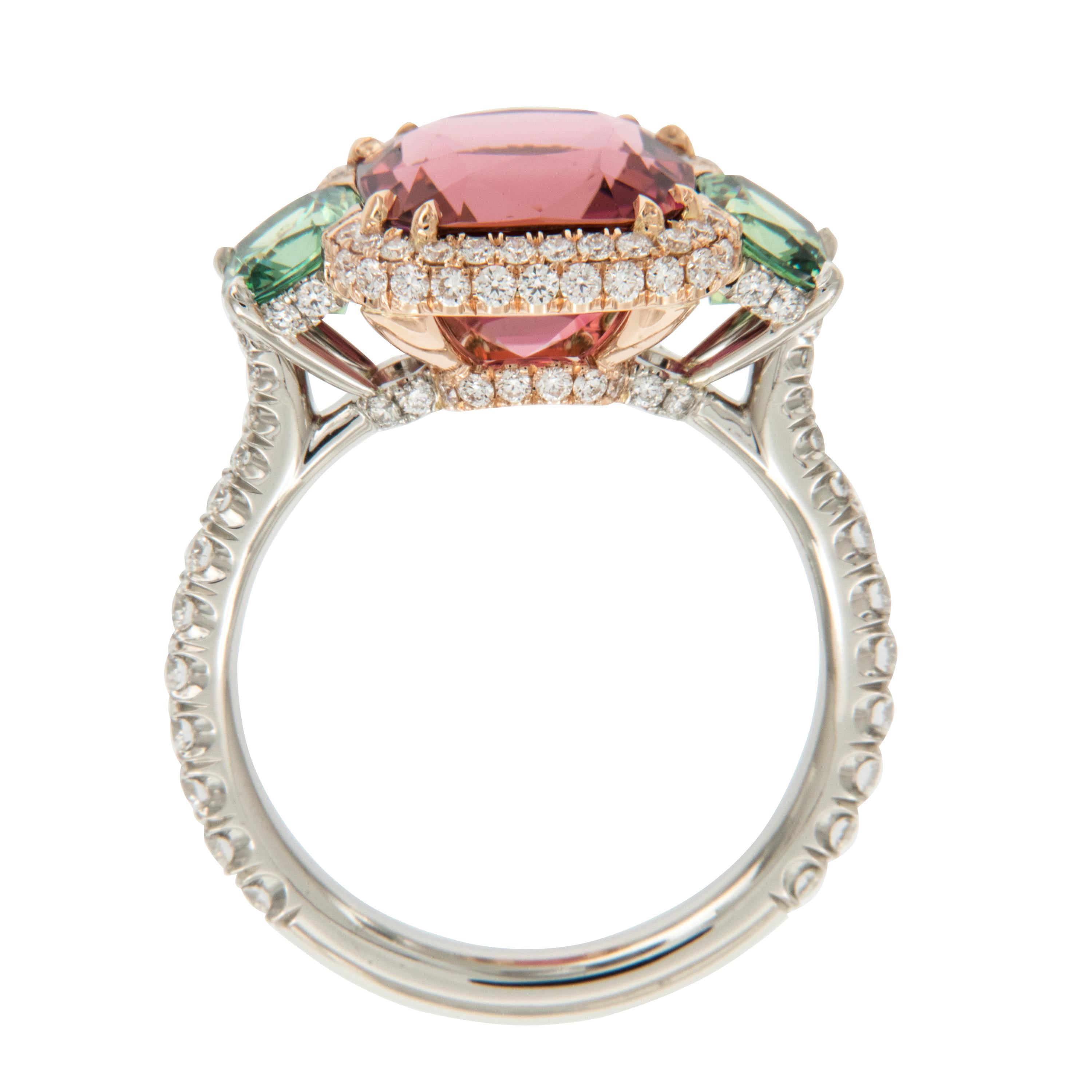 Contemporary Platinum 18 Karat Rose Gold Rubelite & AGL Cert. Demantoid Garnet Diamond Ring