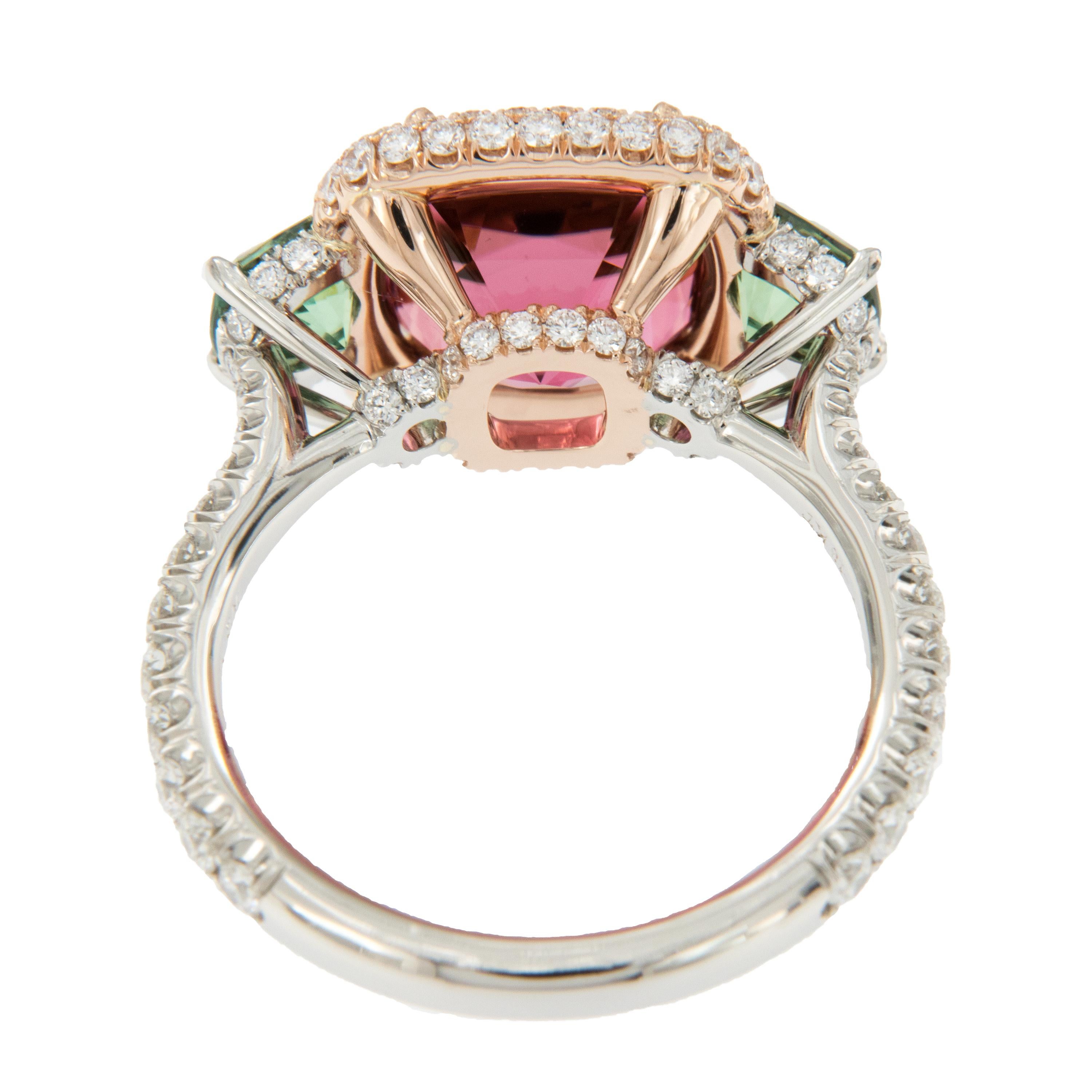 Antique Cushion Cut Platinum 18 Karat Rose Gold Rubelite & AGL Cert. Demantoid Garnet Diamond Ring