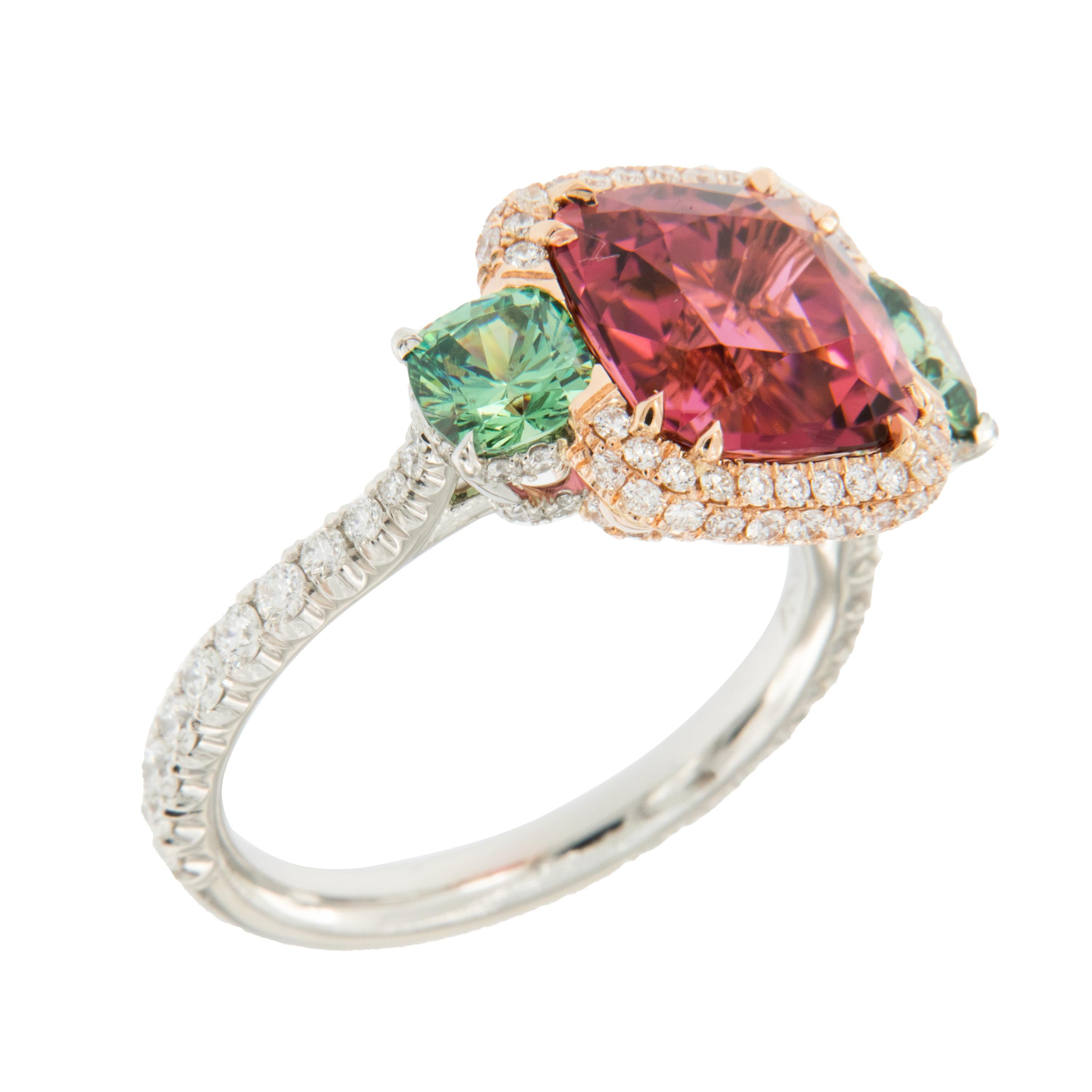 Platinum 18 Karat Rose Gold Rubelite & AGL Cert. Demantoid Garnet Diamond Ring In New Condition In Troy, MI