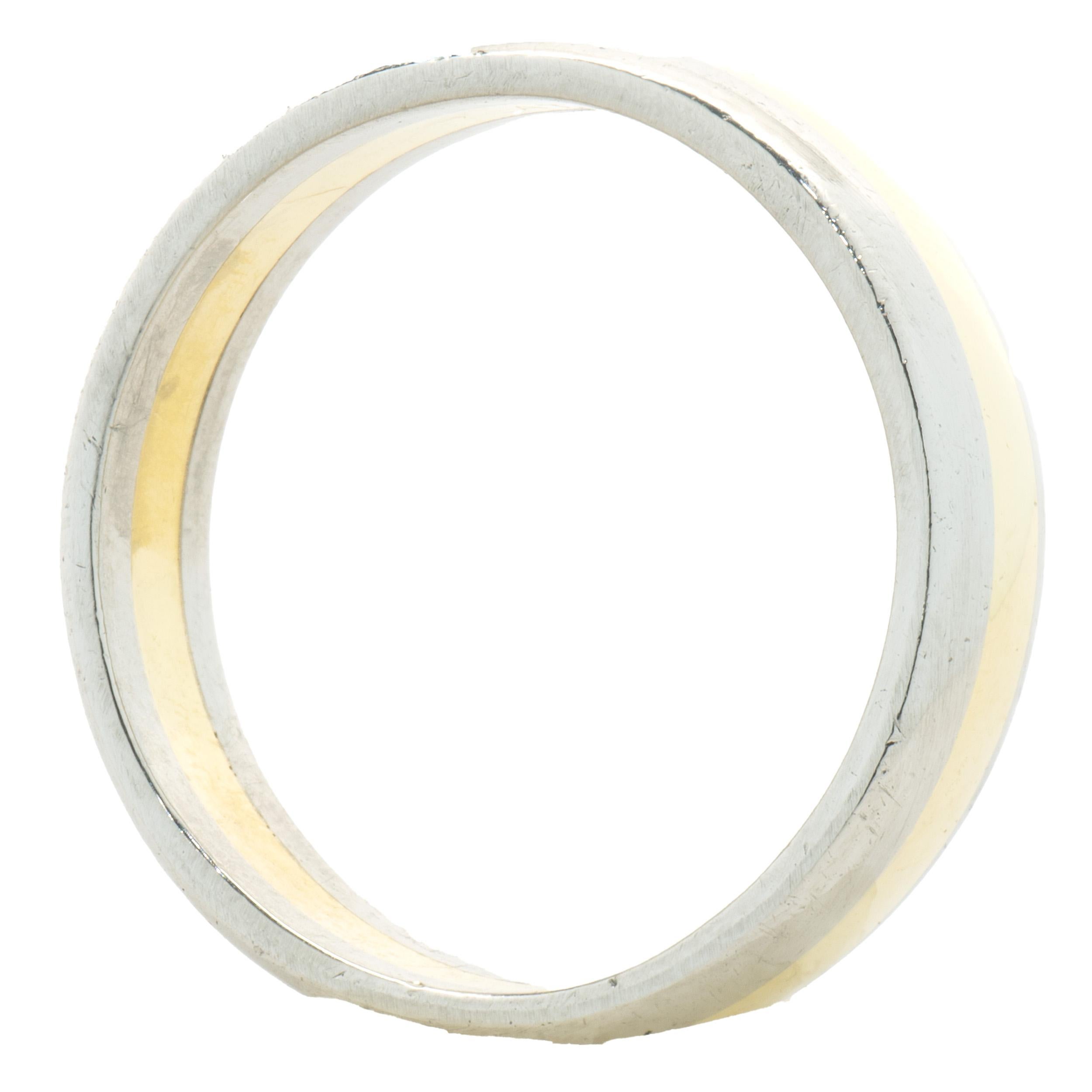 Designer: custom
Material: Platinum & 18K yellow gold
Dimensions: band measures 5.5mm wide
Size: 9.25
Weight:9.92 grams
