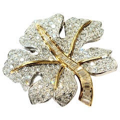 Vintage Platinum, 18 Karat Yellow Gold and Diamond Maple Leaf Brooch with 9.66 Carat