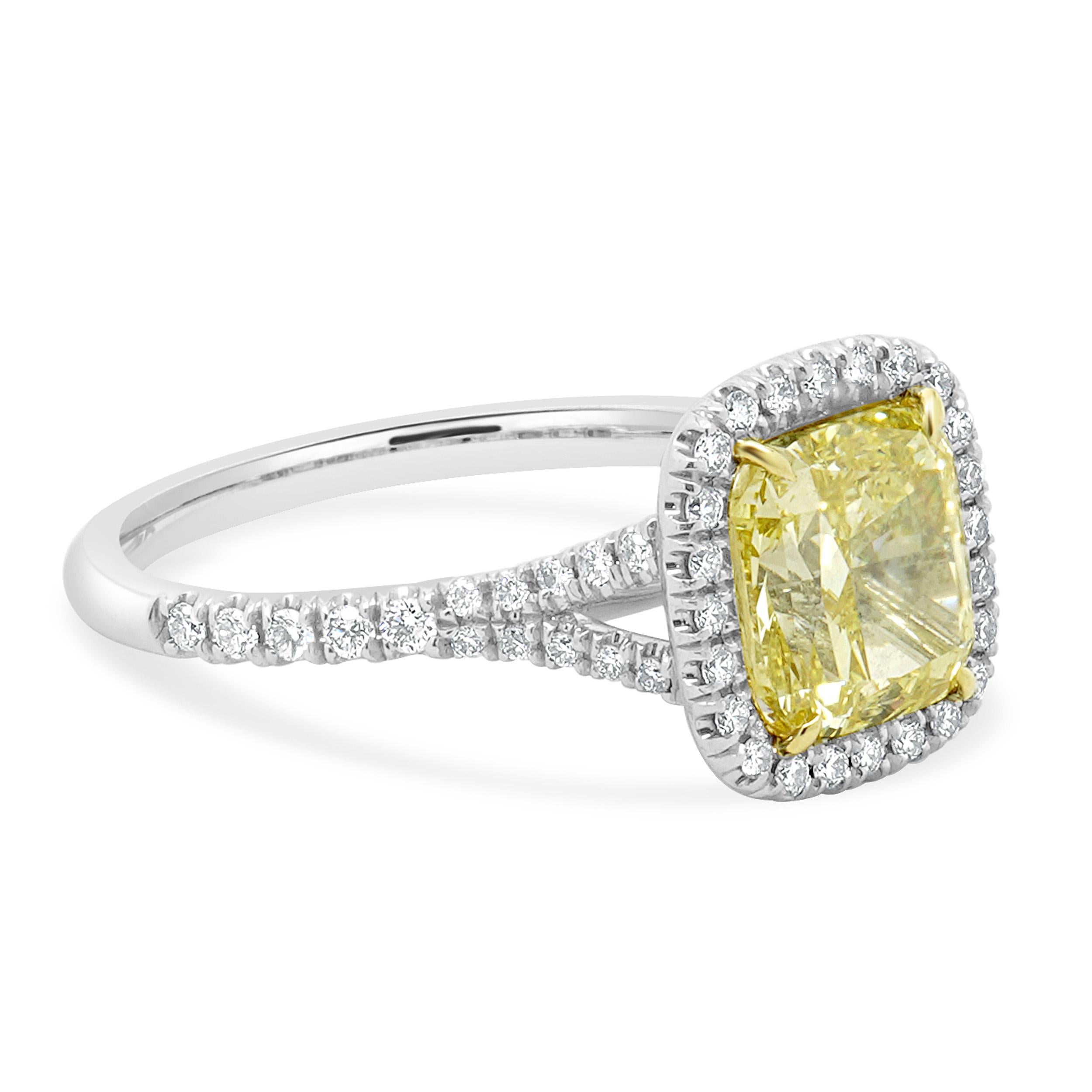 Women's Platinum & 18 Karat Yellow Gold Cushion Cut Diamond Engagement Ring For Sale