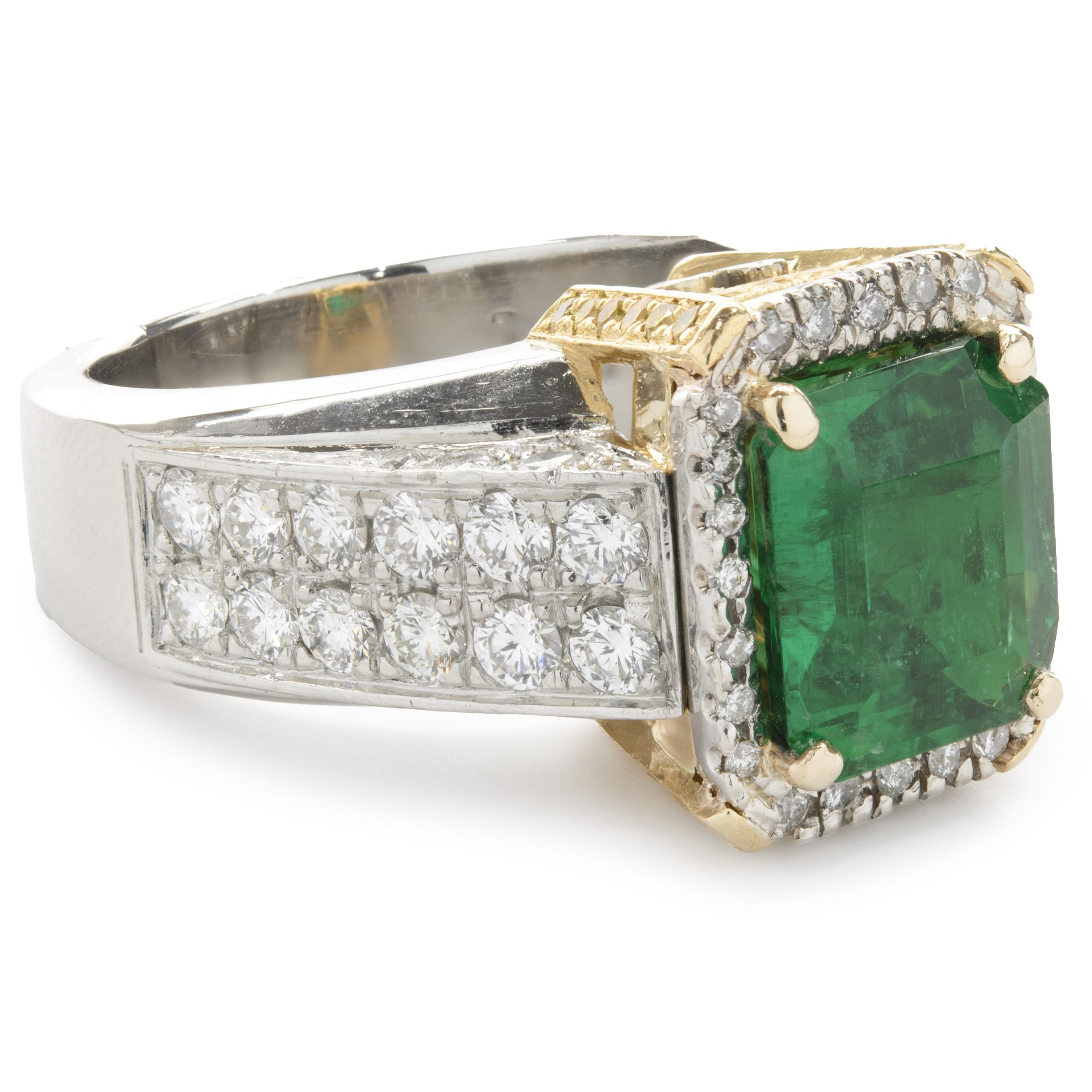 Emerald Cut Platinum & 18 Karat Yellow Gold Emerald and Diamond Ring