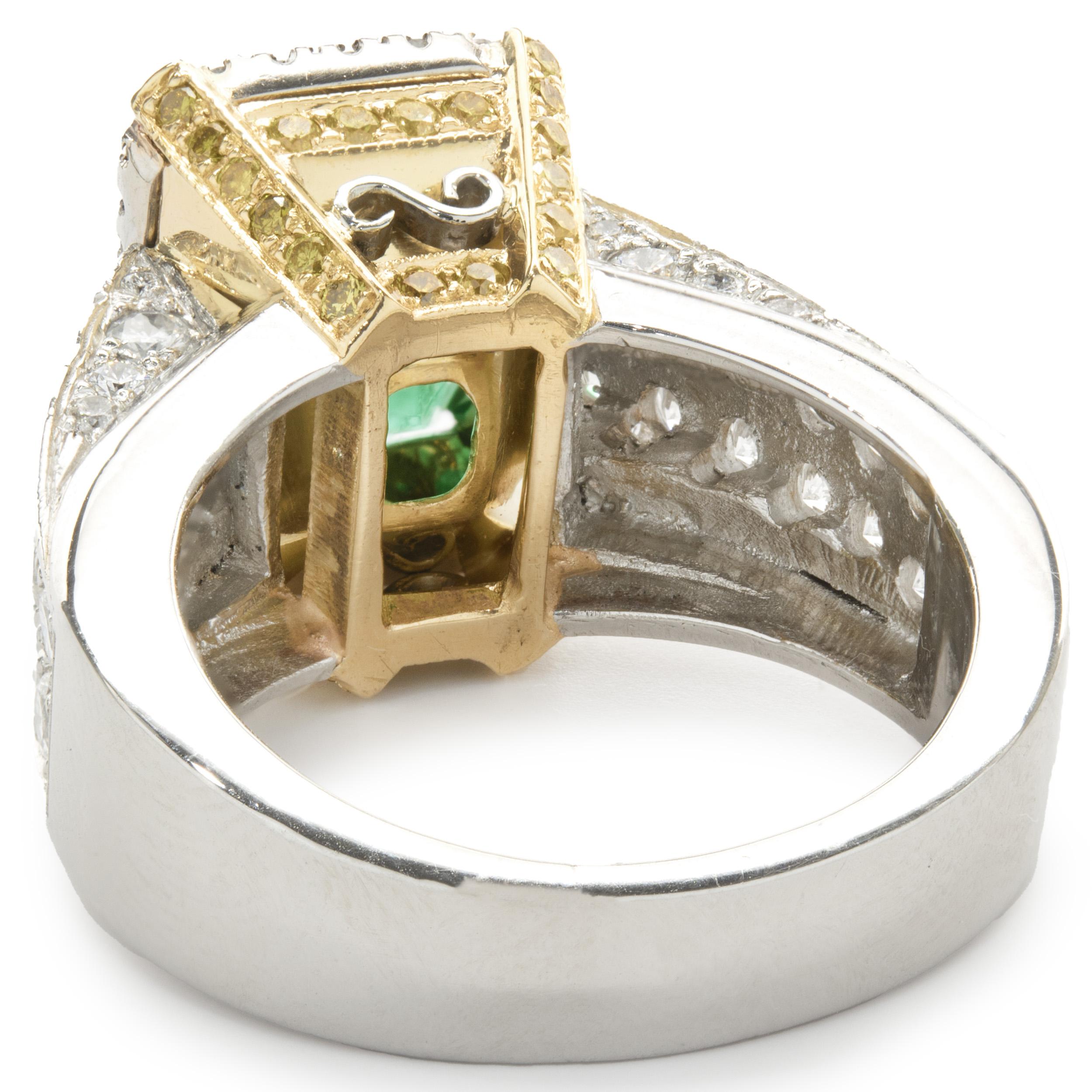 Platinum & 18 Karat Yellow Gold Emerald and Diamond Ring In Excellent Condition In Scottsdale, AZ