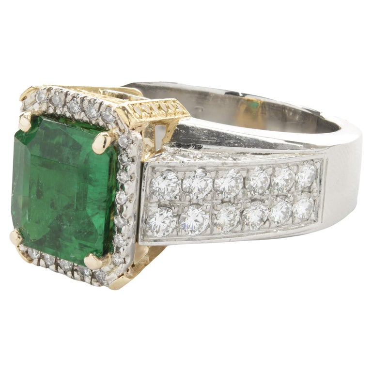 Platinum and 18 Karat Yellow Gold Emerald and Diamond Ring For Sale at ...