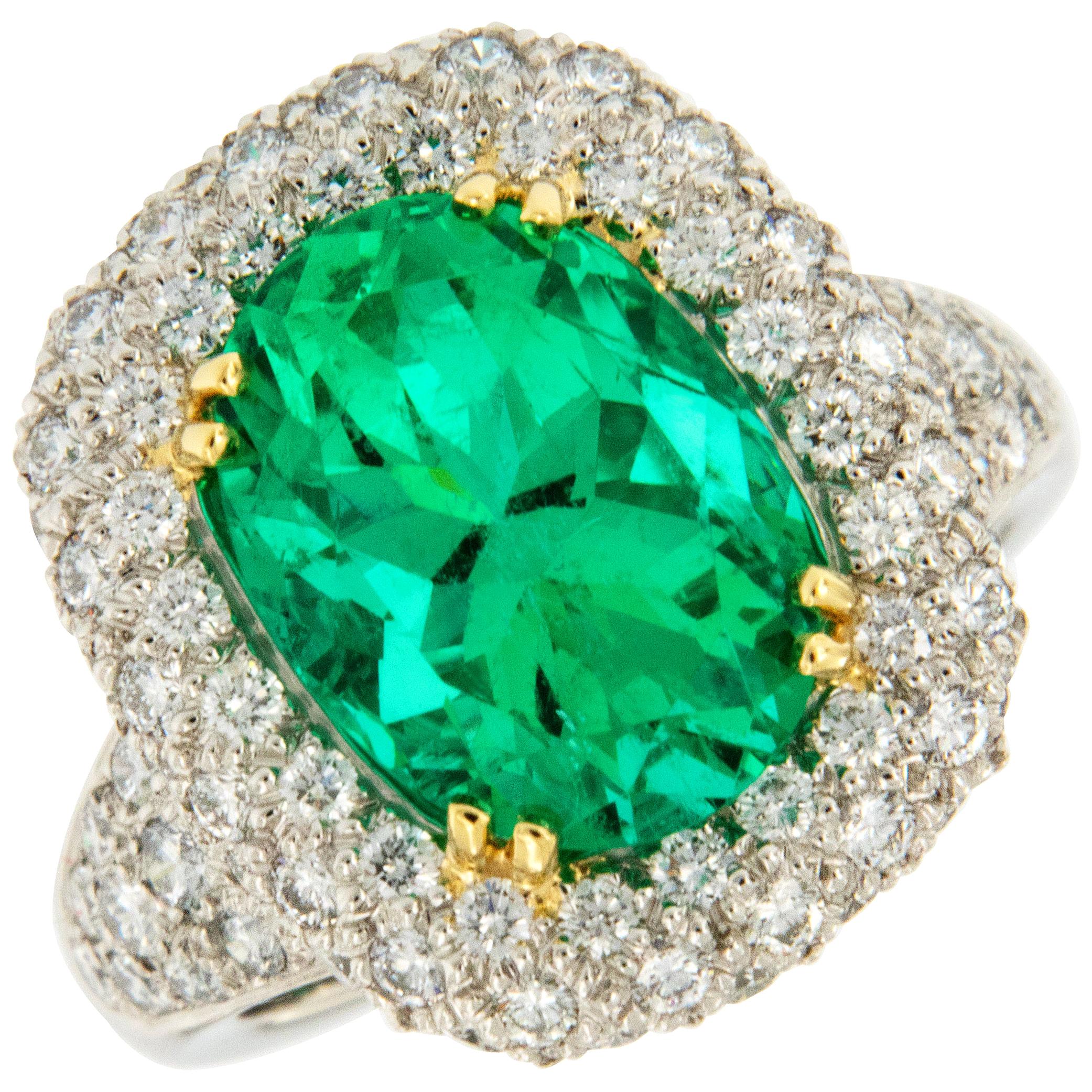 Platinum 18 Karat Yellow Gold Emerald Diamond Cocktail Ring