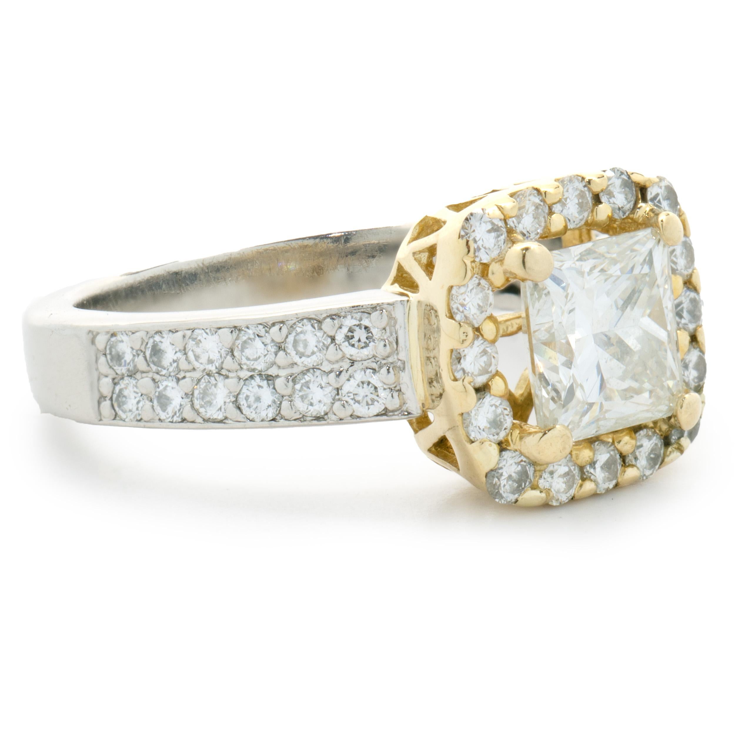 Women's Platinum & 18 Karat Yellow Gold Princess Cut Diamond Engagement Ring For Sale