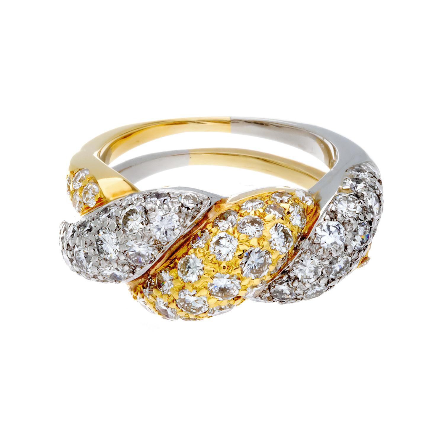Platinum & 18 Kt Yellow Gold Pave' Diamond Woven Dome Ring. Set With 76 Diamonds to total  1.90 Carats. 
Clarity:   VS Clarity
Color:    F- G Color