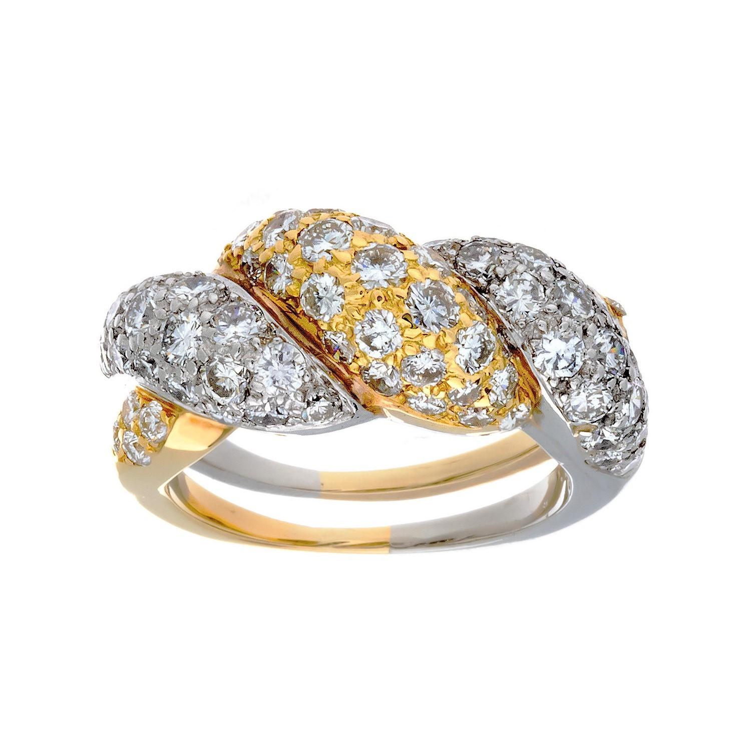 Contemporary Platinum and 18 Karat Yellow Gold Pavé Diamond Woven Dome Ring For Sale