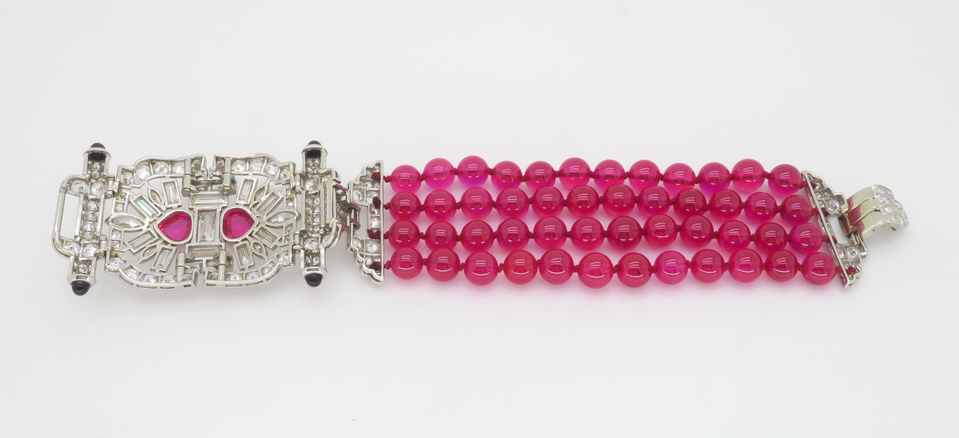 Platinum 18.04CTW Diamond Buckle Bracelet made with Ruby Beads For Sale 5