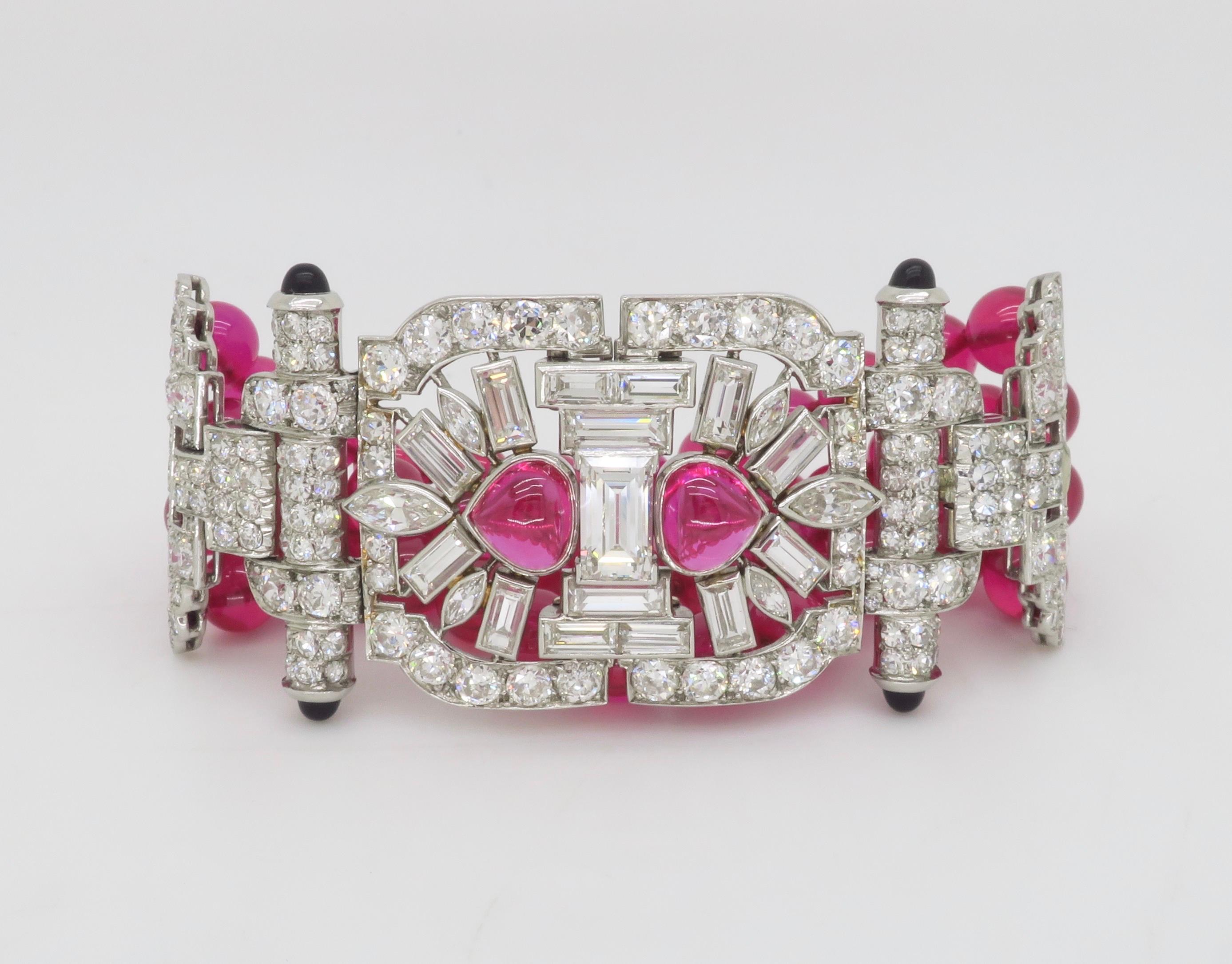 Platinum 18.04CTW Diamond Buckle Bracelet made with Ruby Beads For Sale 6